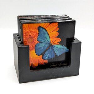 Harold Feinstein 5 Piece Coaster Set Butterfly 4 Coasters and Caddy Black